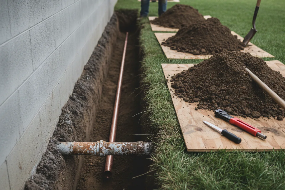 Excavated water line trench during Water Heater Repair in Krypton